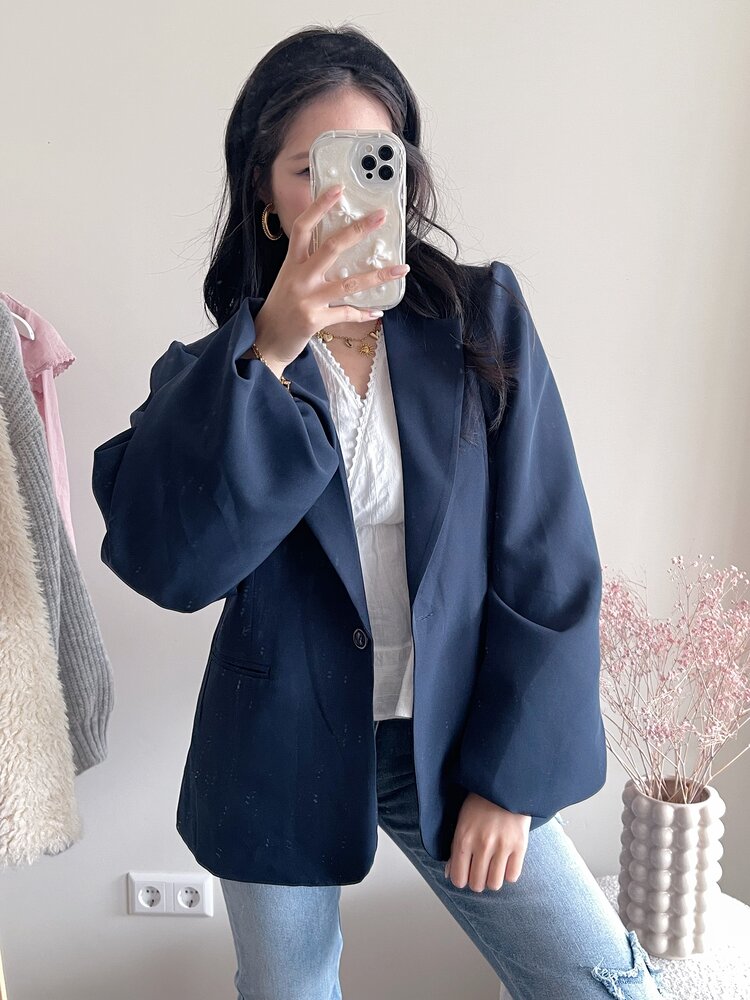 Mara Long Balloon Sleeve Blazer / Navy Blue