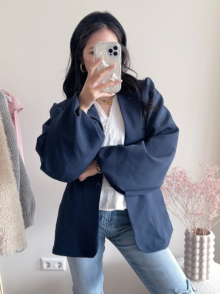 Mara Long Balloon Sleeve Blazer / Navy Blue