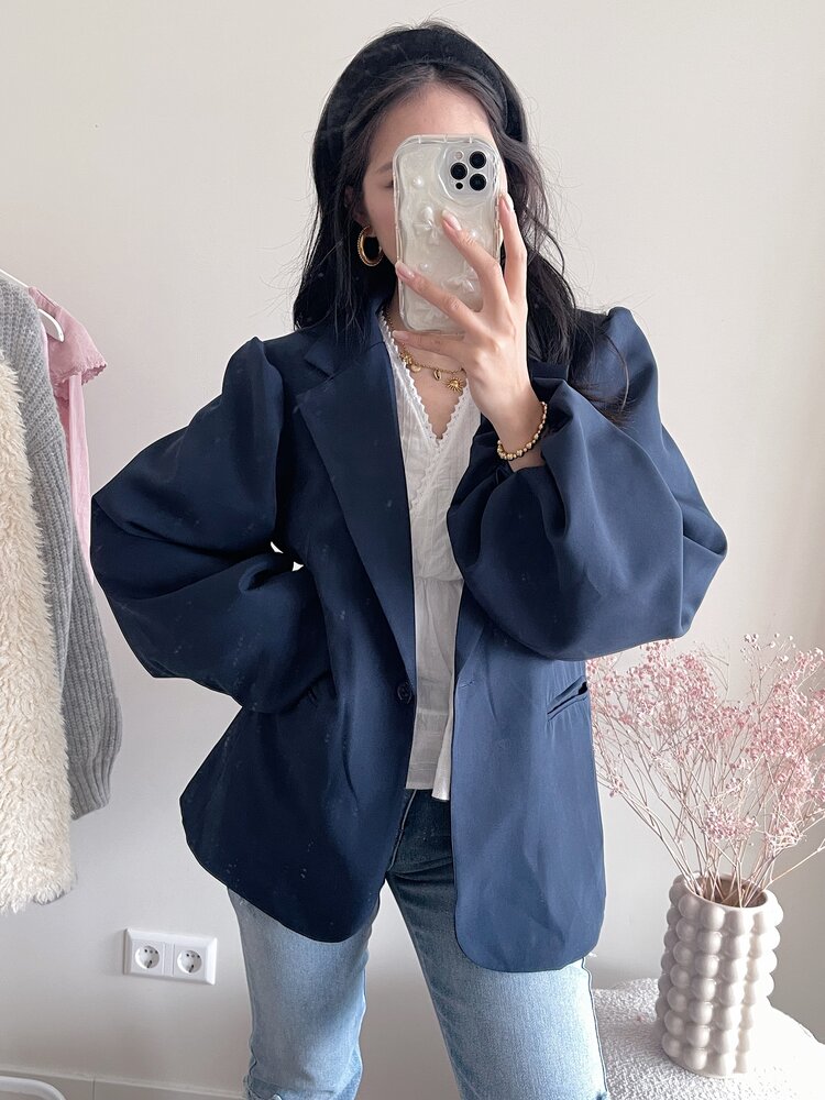 Mara Long Balloon Sleeve Blazer / Navy Blue