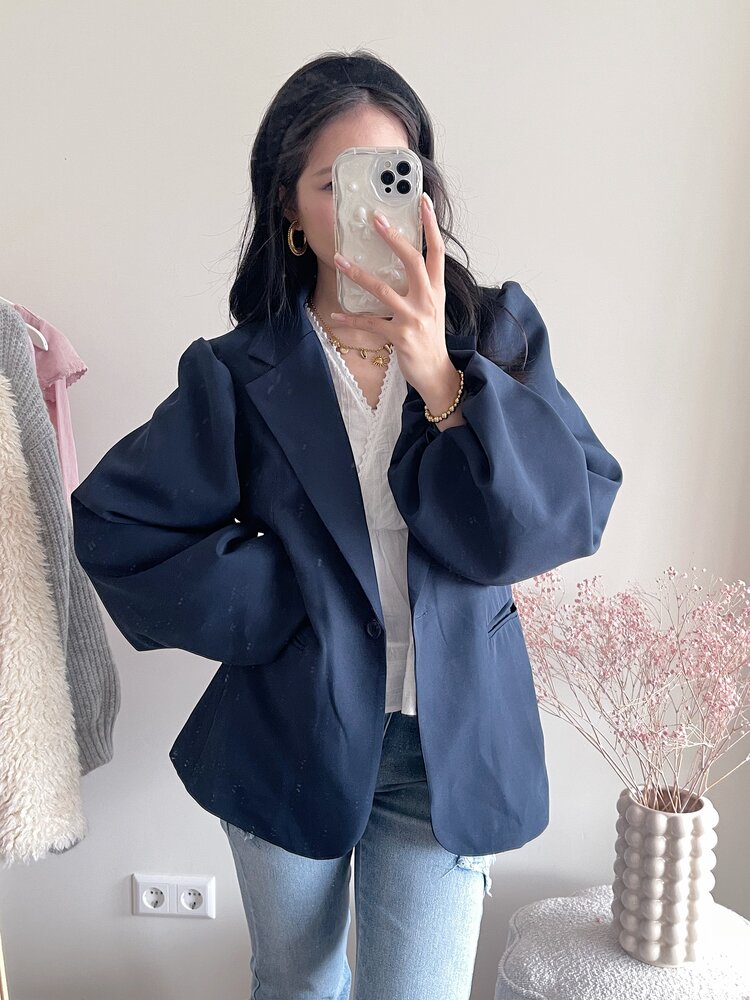 Mara Long Balloon Sleeve Blazer / Navy Blue
