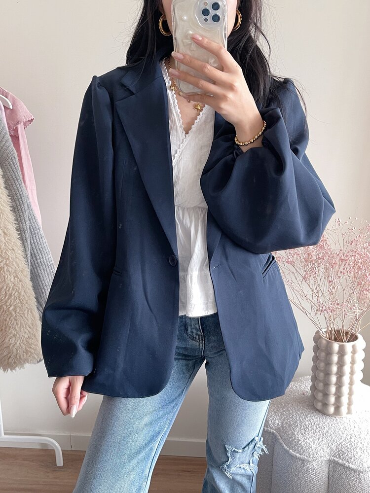 Mara Long Balloon Sleeve Blazer / Navy Blue