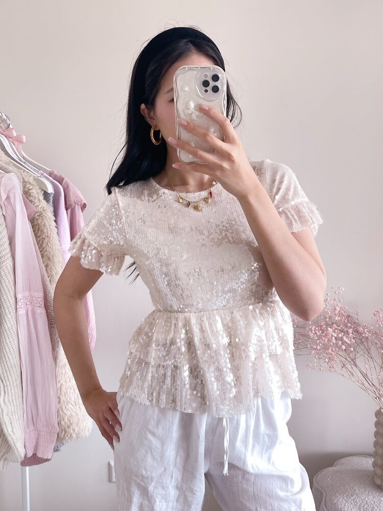 Elvira Sequin Ruffle Top / Beige