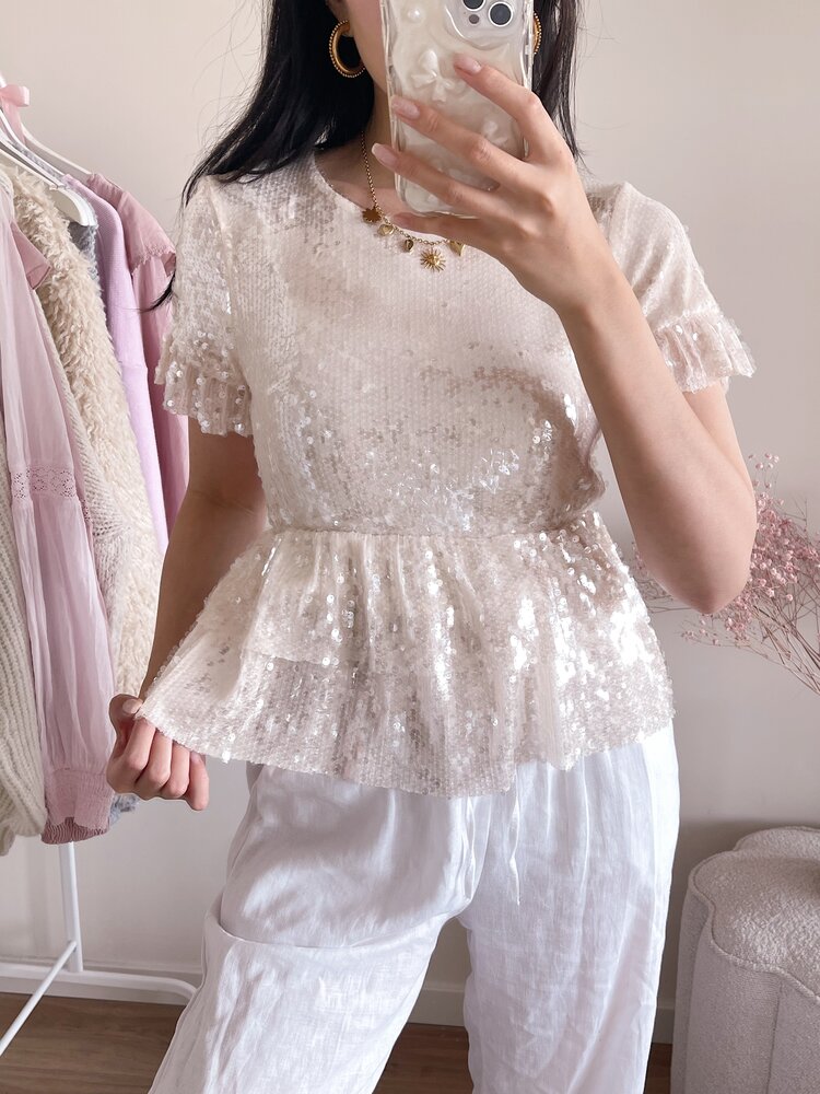 Elvira Sequin Ruffle Top / Beige