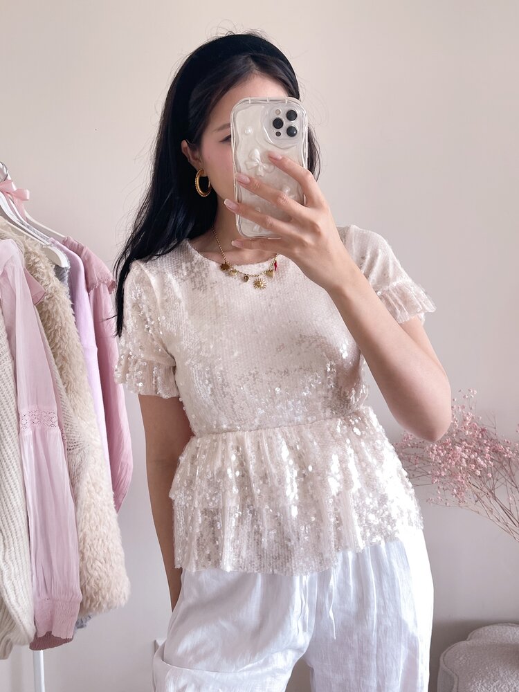 Elvira Sequin Ruffle Top / Beige