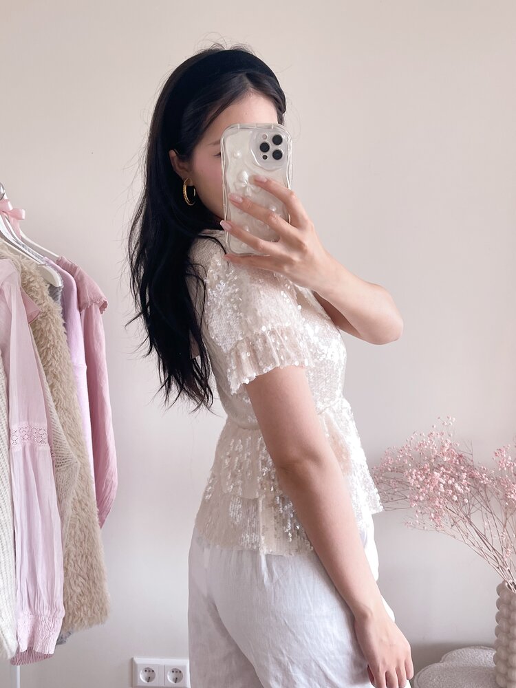 Elvira Sequin Ruffle Top / Beige