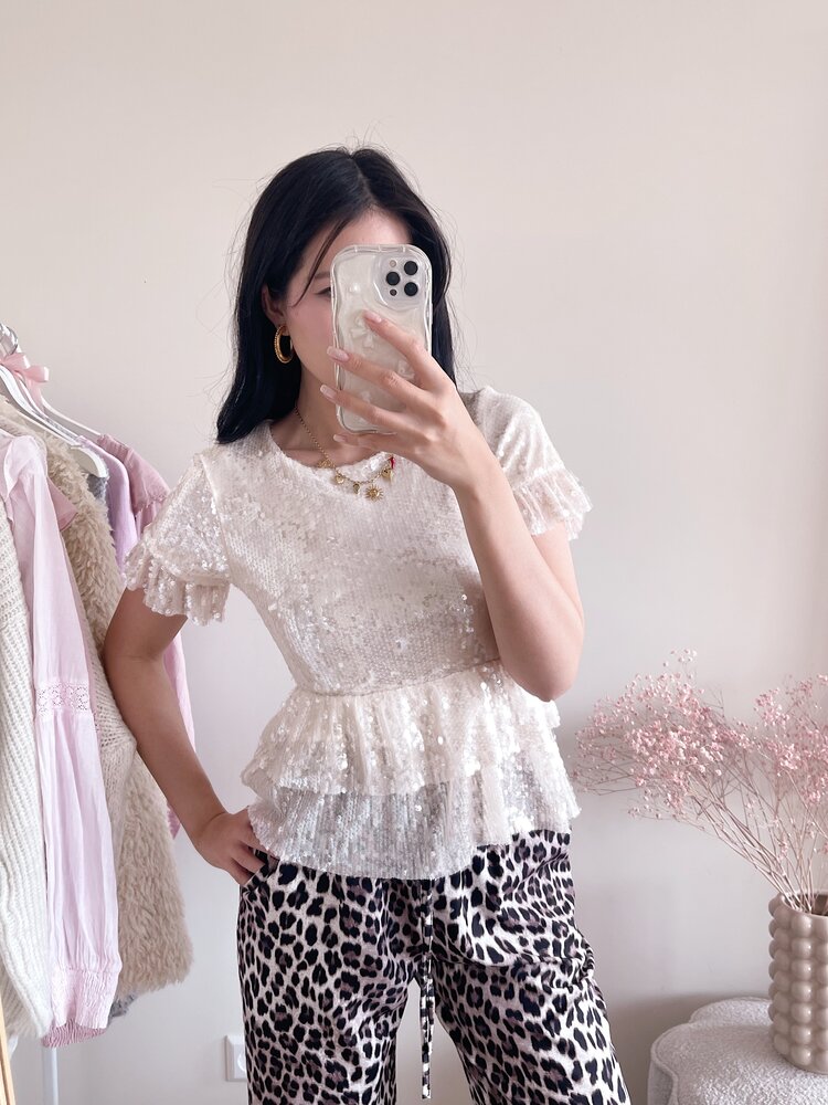 Elvira Sequin Ruffle Top / Beige