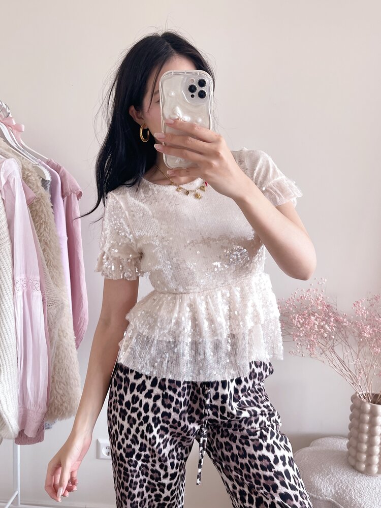 Elvira Sequin Ruffle Top / Beige