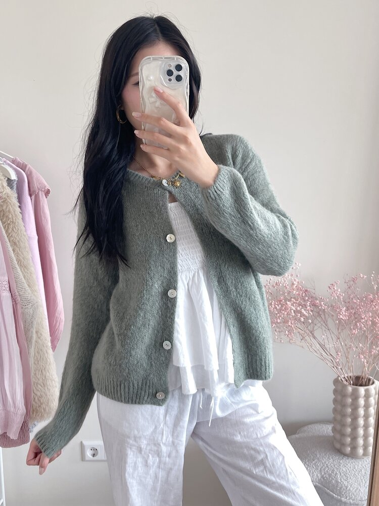 Lydia Fluffy Knit Cardigan / Army Green