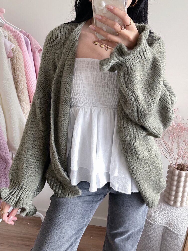 Celia Ruffle Knit Cardigan / Army Green