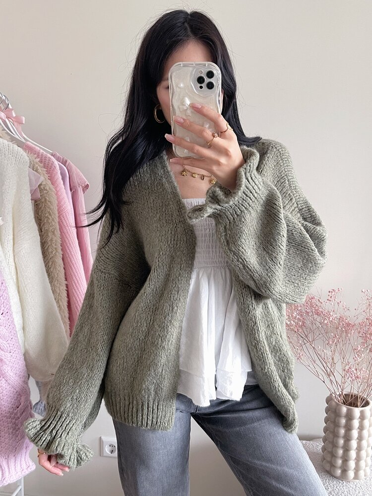 Celia Ruffle Knit Cardigan / Army Green