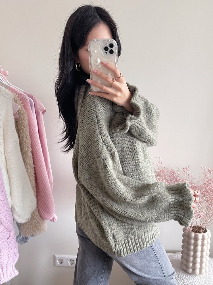 Celia Ruffle Knit Cardigan / Army Green