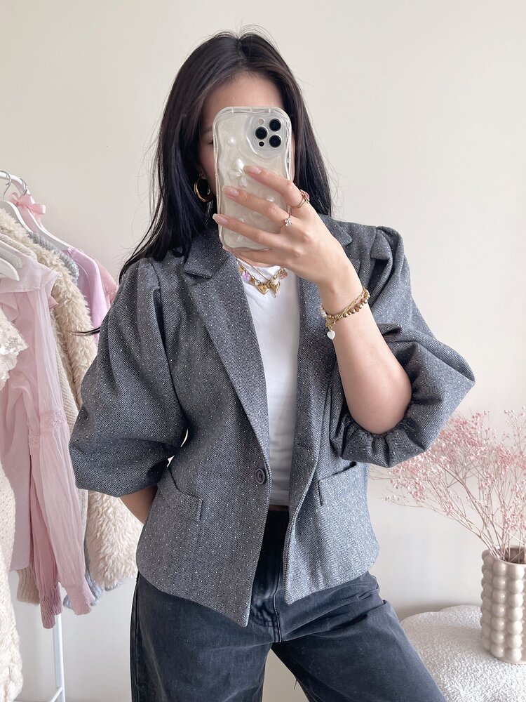Ellie Glitter Balloon Sleeve Blazer / Light Grey