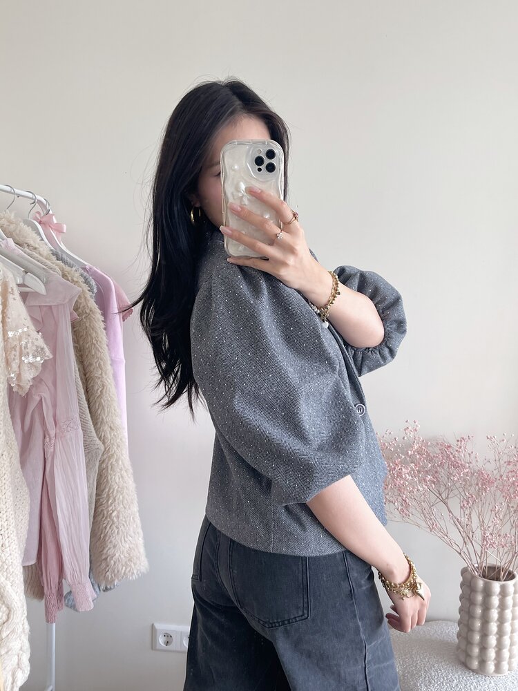 Ellie Glitter Balloon Sleeve Blazer / Light Grey