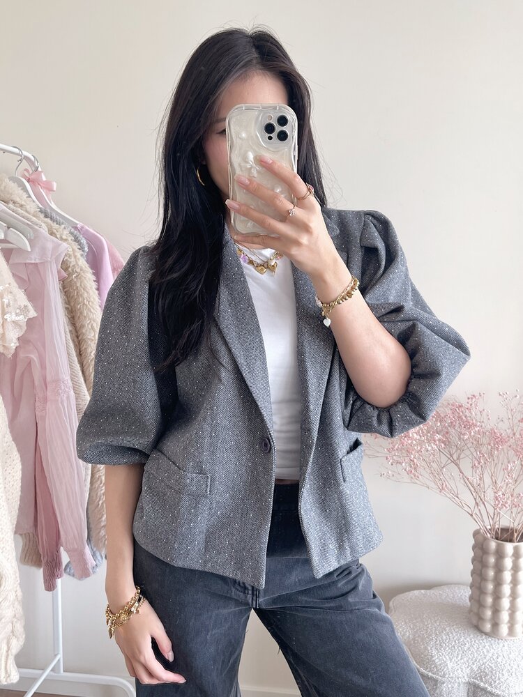 Ellie Glitter Balloon Sleeve Blazer / Light Grey