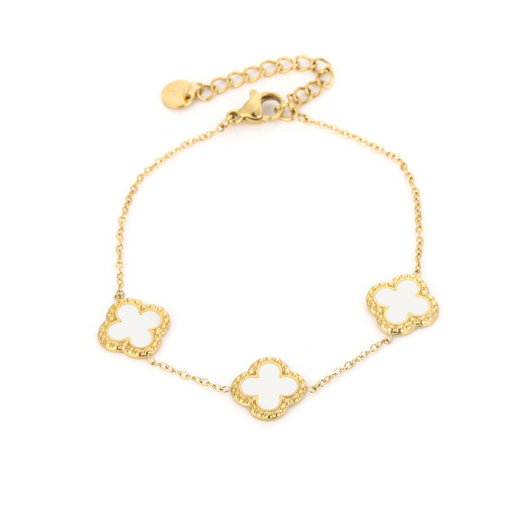 Gold Medium Triple Clover Bracelet / White