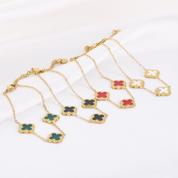 Gold Medium Triple Clover Bracelet / White