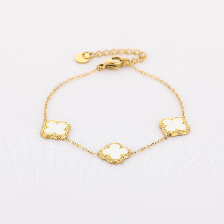 Gold Medium Triple Clover Bracelet / White