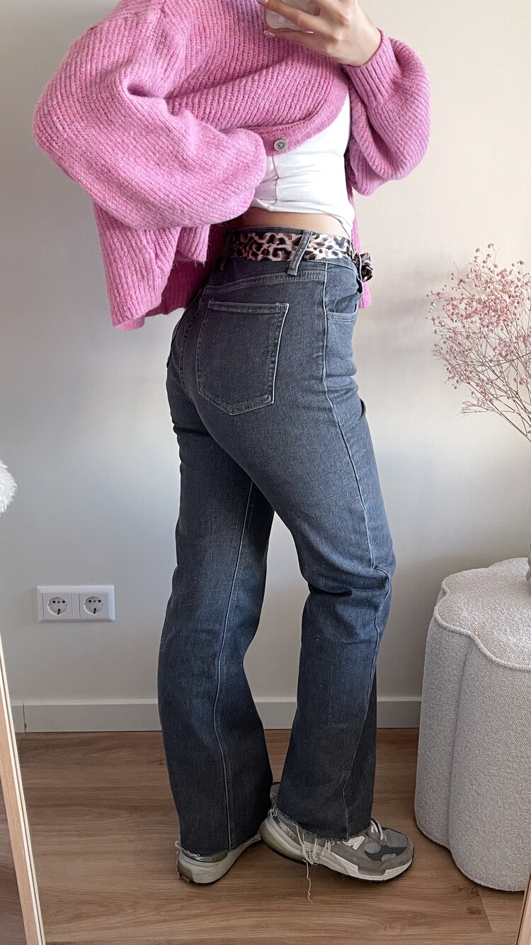 Tessa Leopard Wide Leg Jeans / Dark Grey