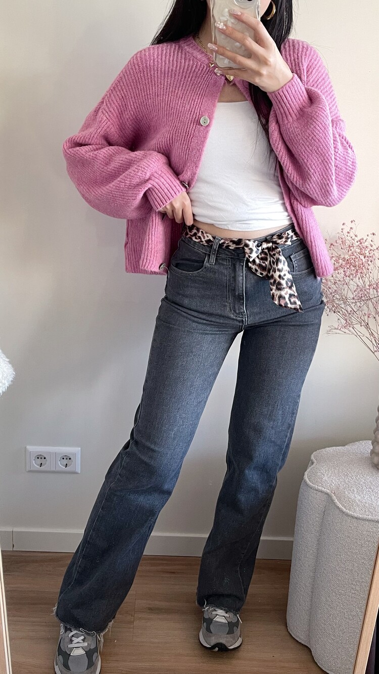 Tessa Leopard Wide Leg Jeans / Dark Grey