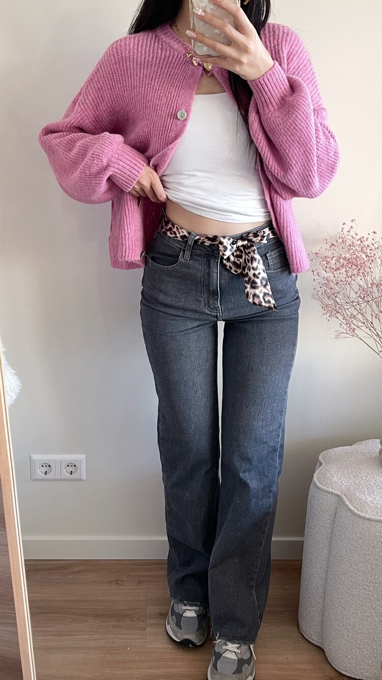 Tessa Leopard Wide Leg Jeans / Dark Grey