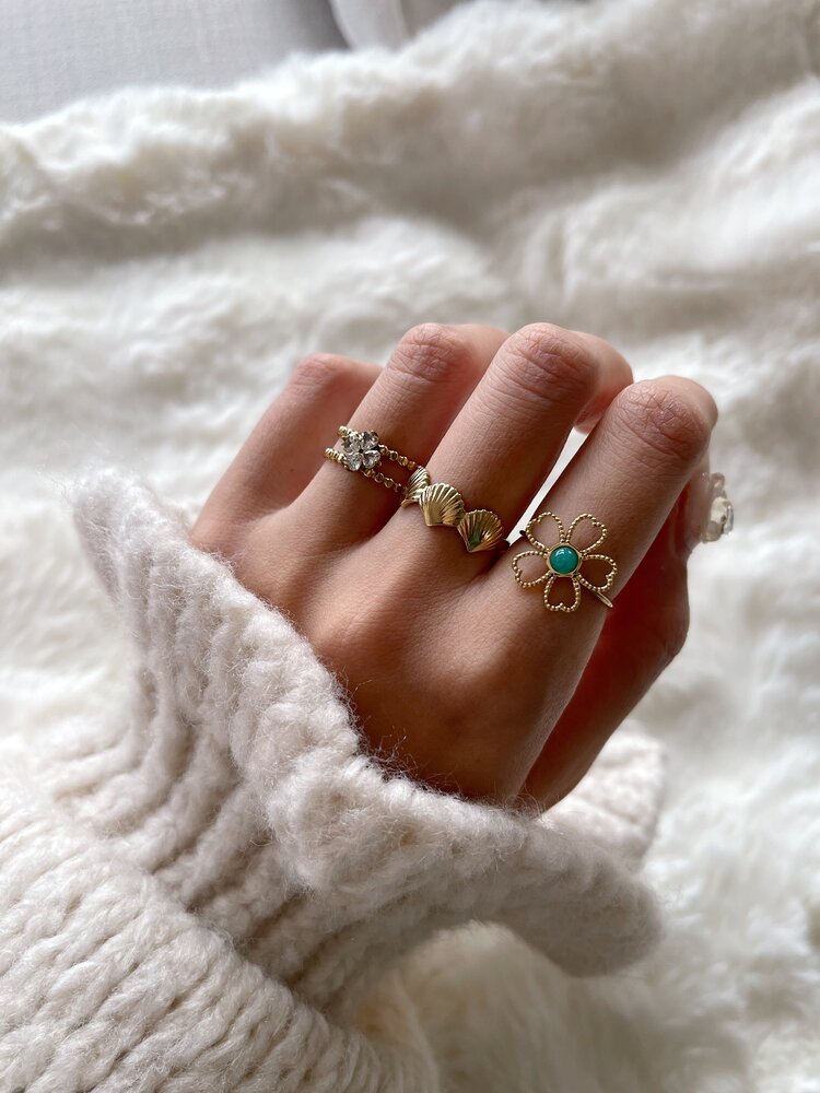 Gold Botanic Flower Ring / Turquoise