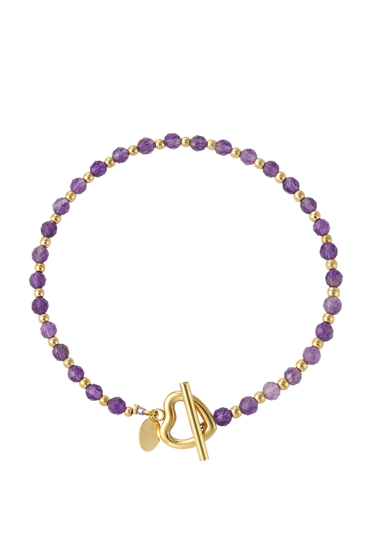 Gold Heart Lock Beads Bracelet / Purple
