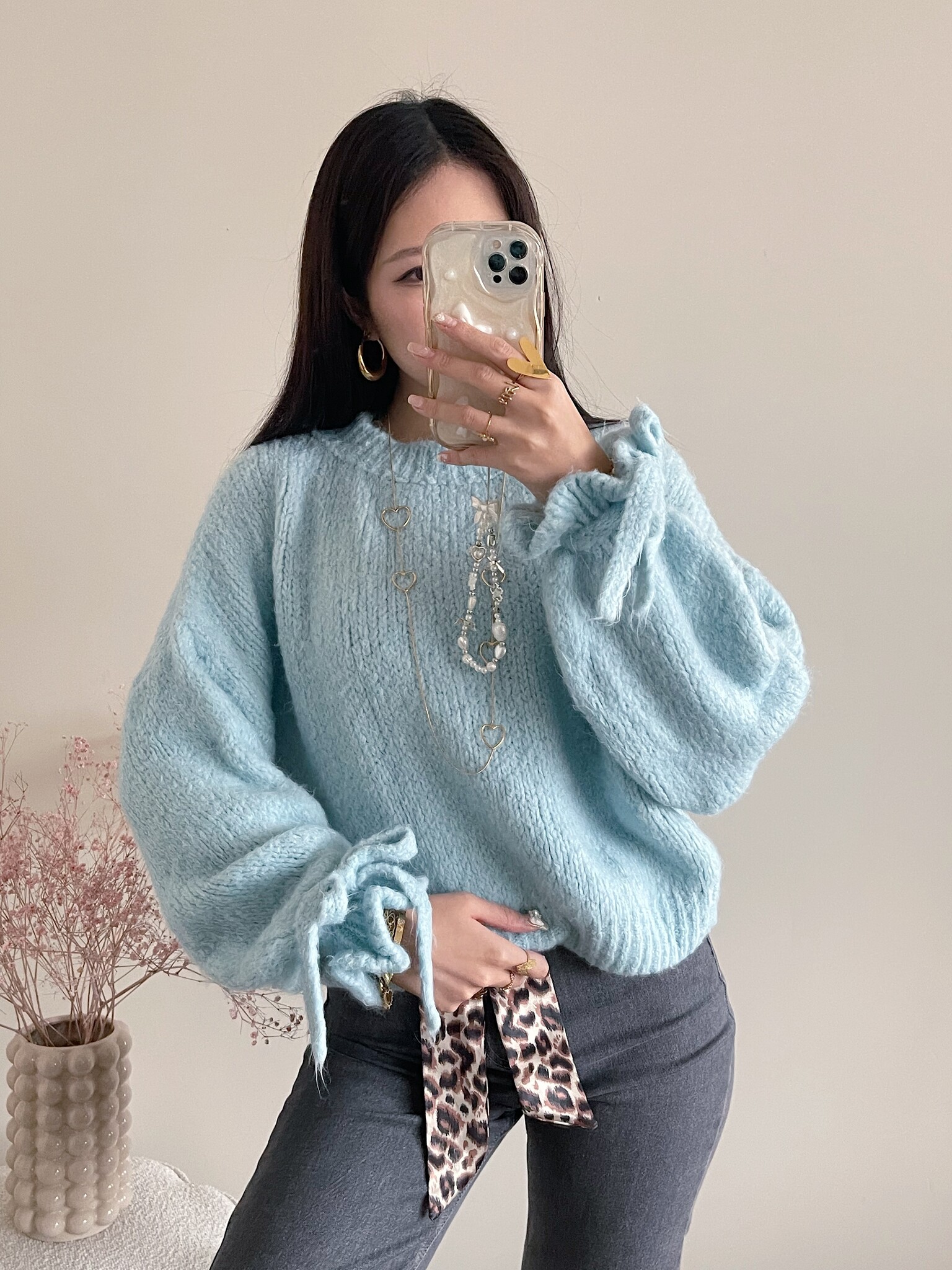 Aileen Oversized Bow Knit Sweater Light Blue