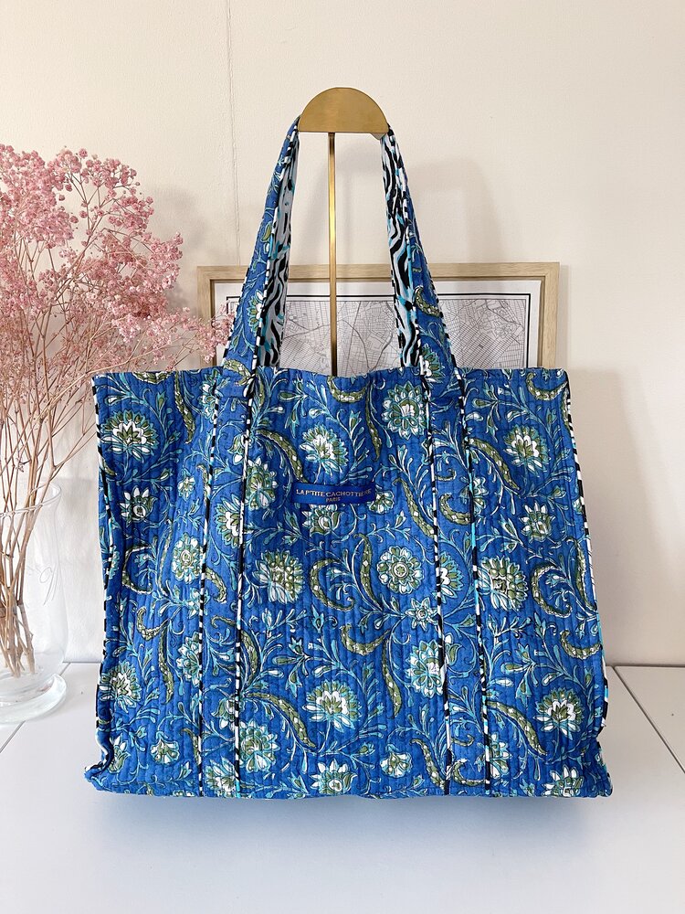 Zyra Double Sided Shopper Bag / Blue & White