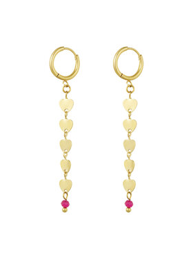 Gold Long Heart Dangle Earrings / Fuchsia