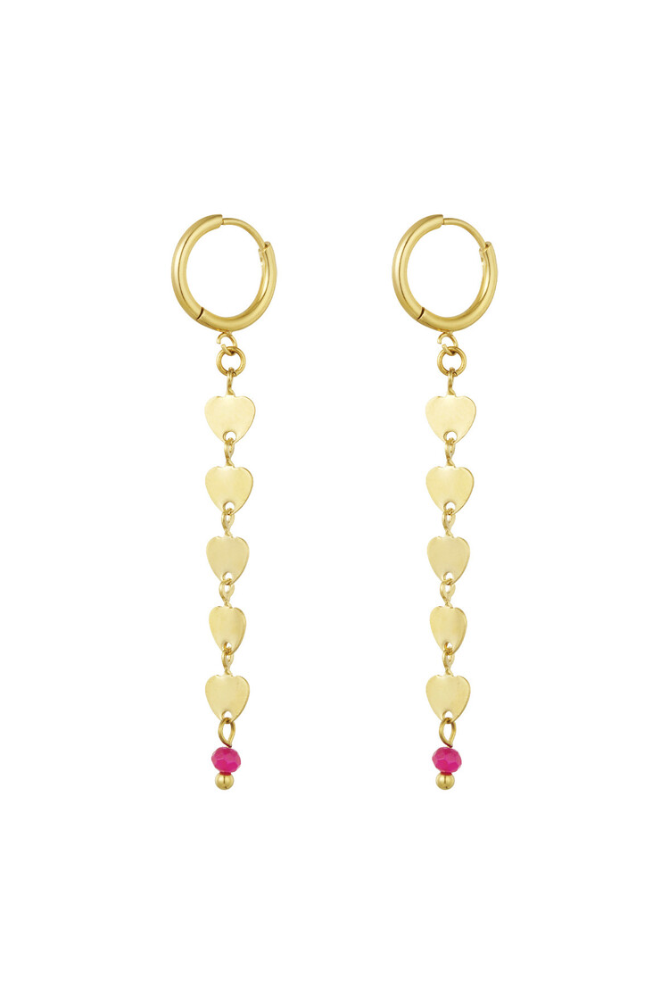 Gold Long Heart Dangle Earrings / Fuchsia
