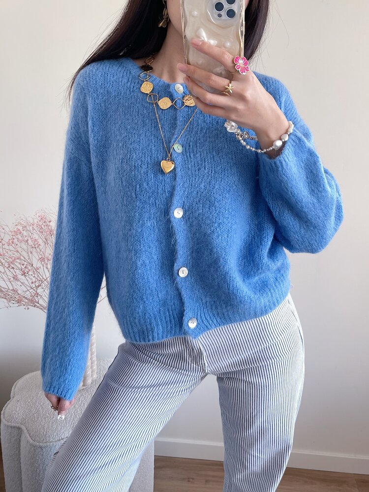 Lydia Fluffy Knit Cardigan / Blue