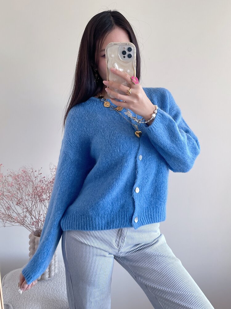 Lydia Fluffy Knit Cardigan / Blue