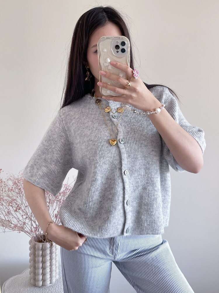 Izza Short Sleeve Cardigan / Light Grey
