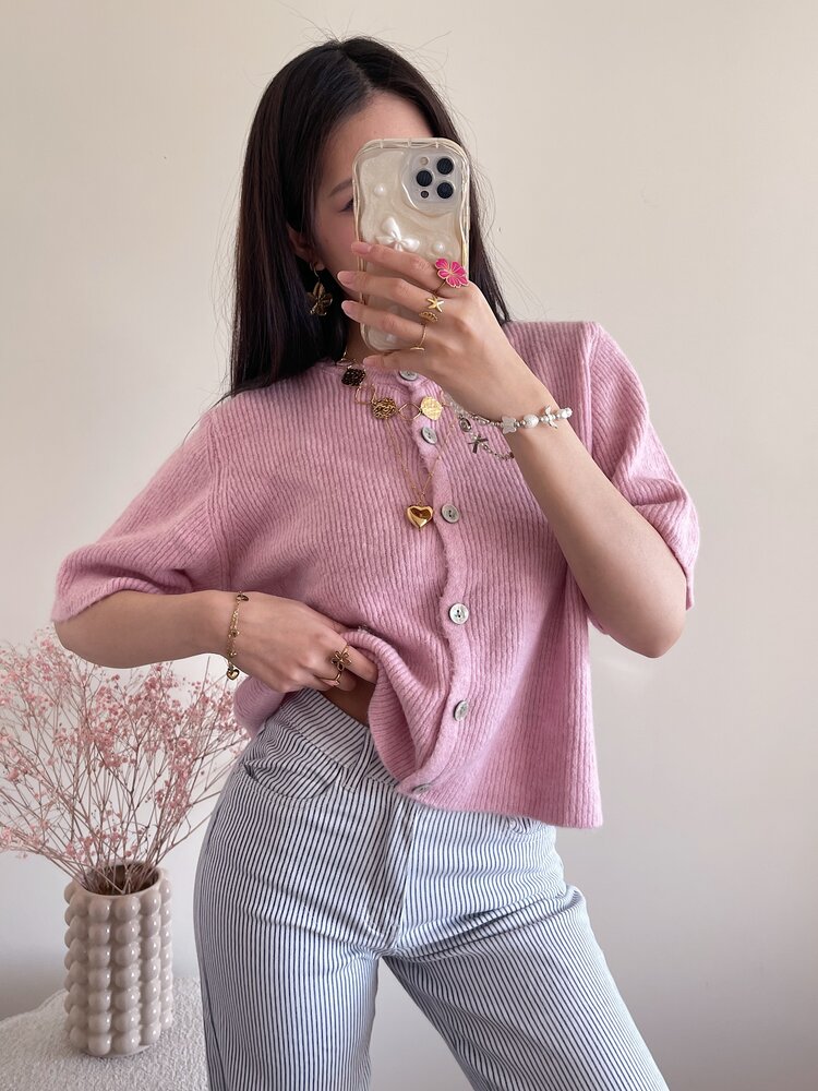 Izza Short Sleeve Cardigan / Light Pink
