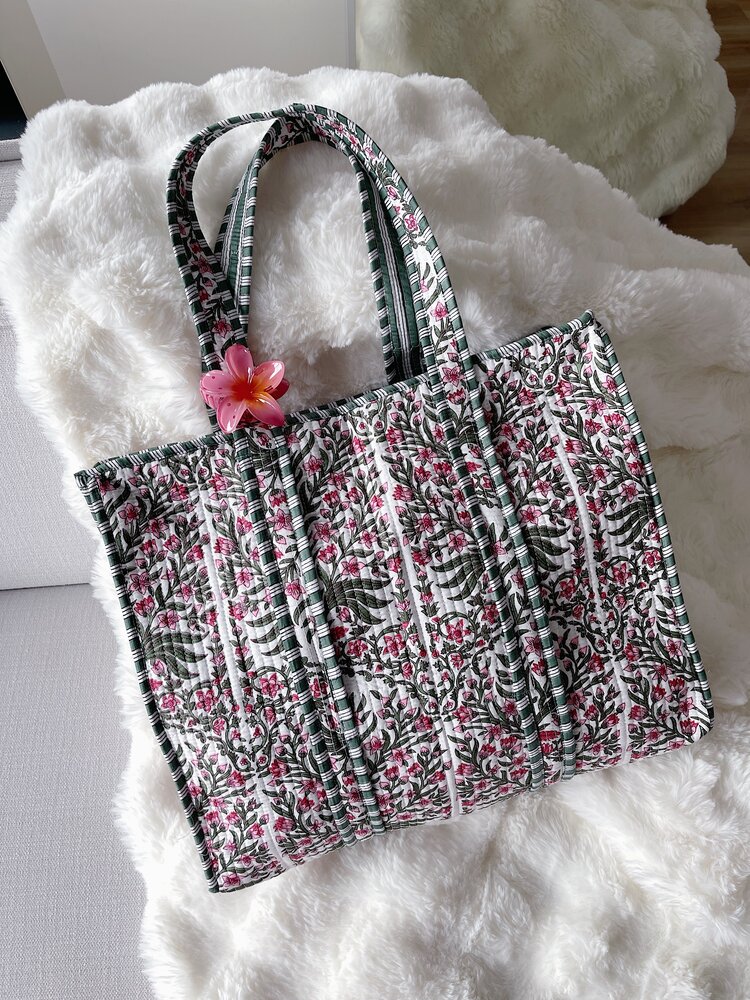 Macie Flower Shopper Bag / White & Green
