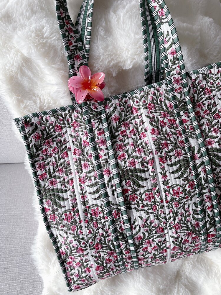 Macie Flower Shopper Bag / White & Green