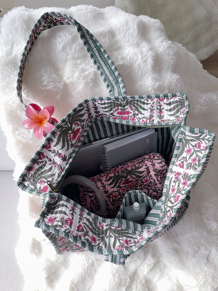 Macie Flower Shopper Bag / White & Green