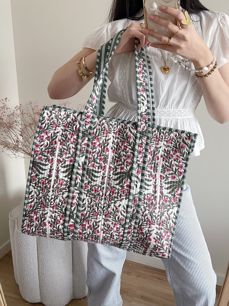 Macie Flower Shopper Bag / White & Green