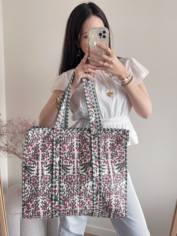Macie Flower Shopper Bag / White & Green