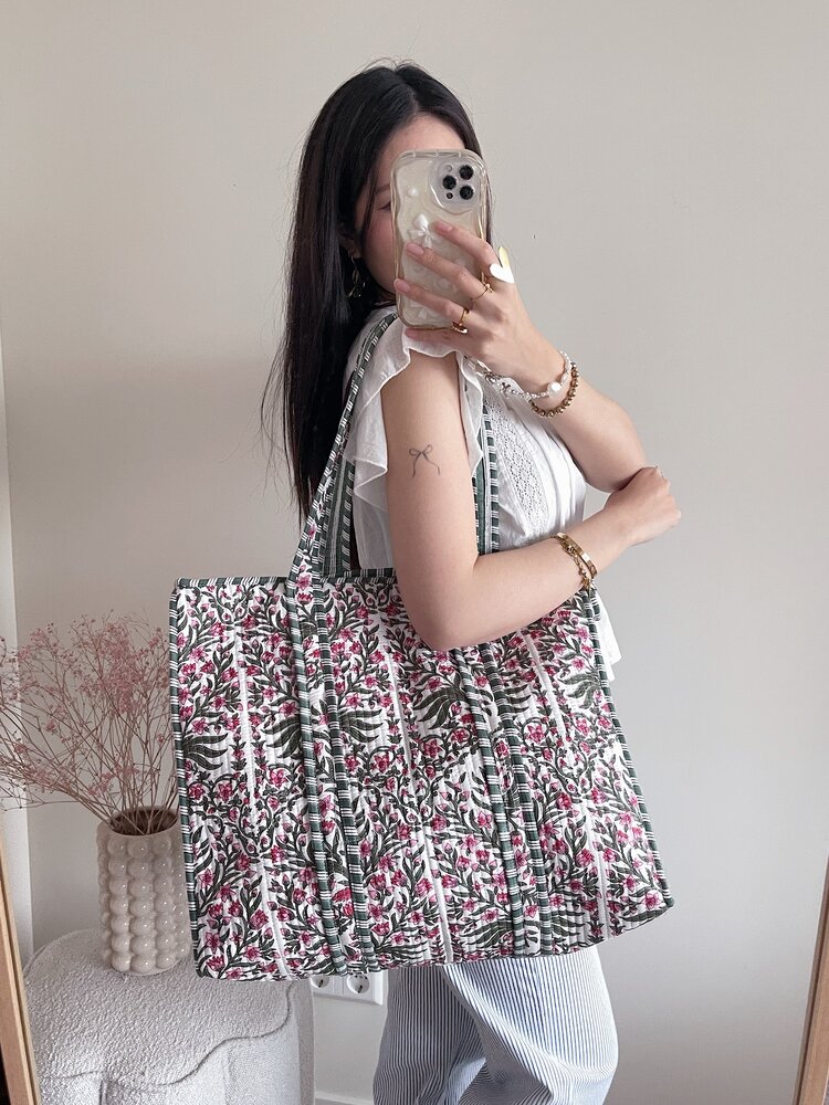 Macie Flower Shopper Bag / White & Green