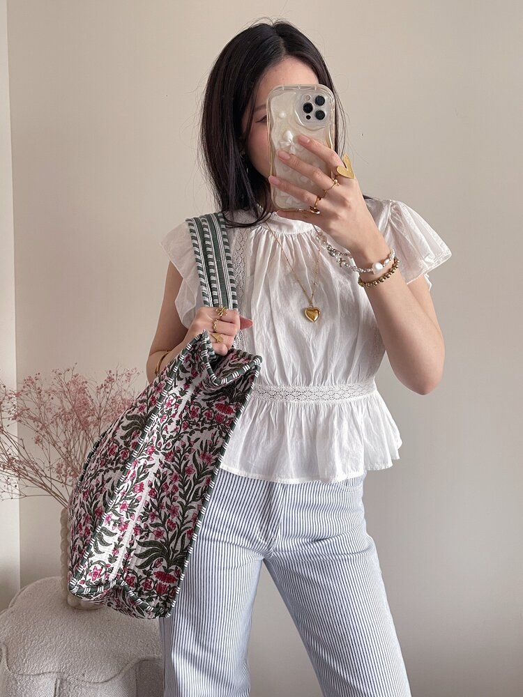 Macie Flower Shopper Bag / White & Green