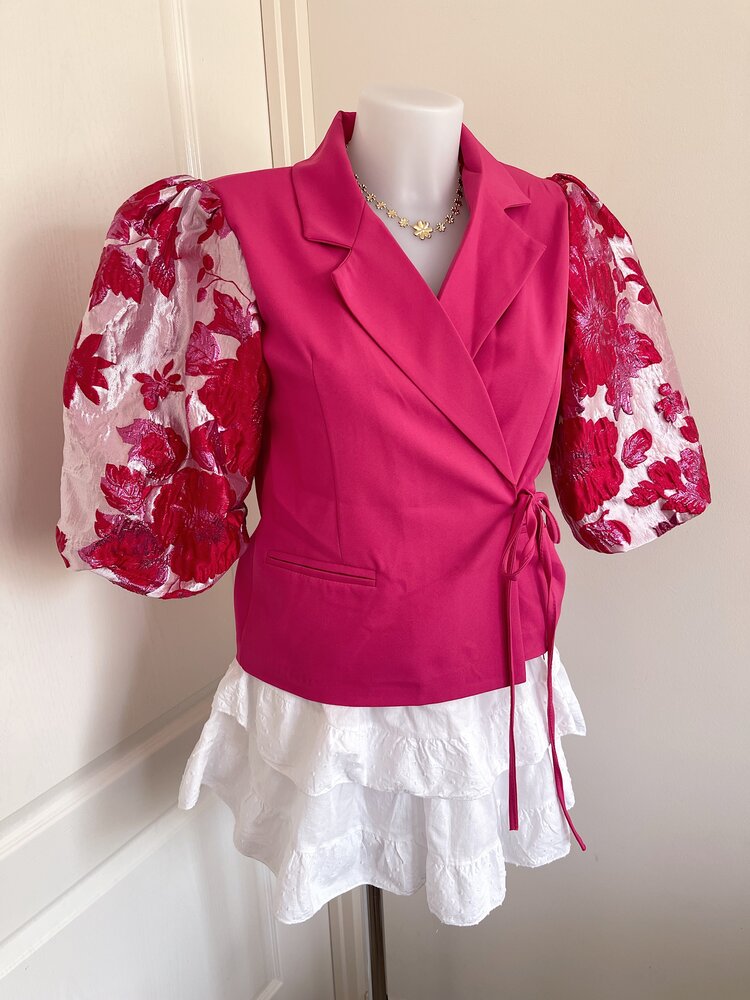 Amaya Jacquard Flower Puff Blazer / Red & Pink