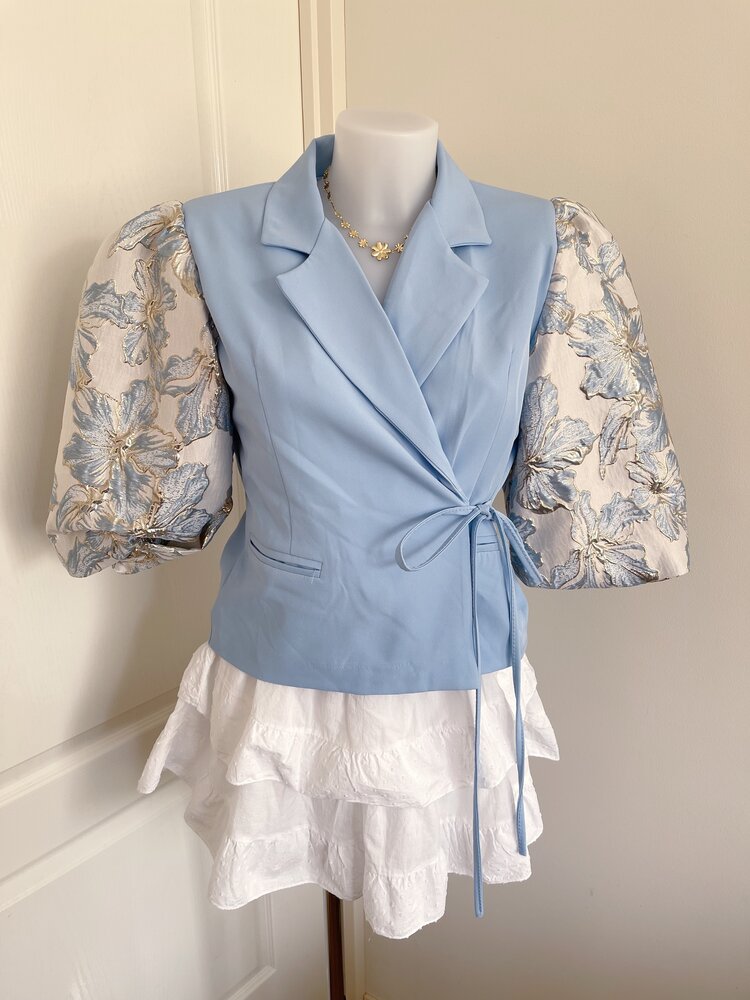 Amaya Jacquard Flower Puff Blazer / Light Blue