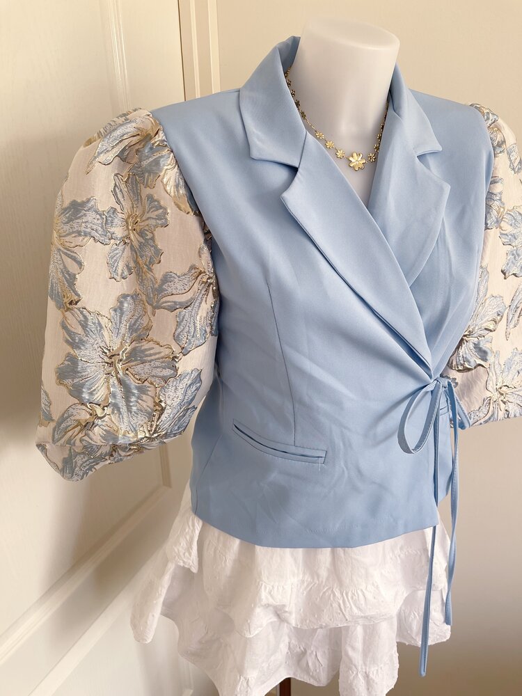 Amaya Jacquard Flower Puff Blazer / Light Blue