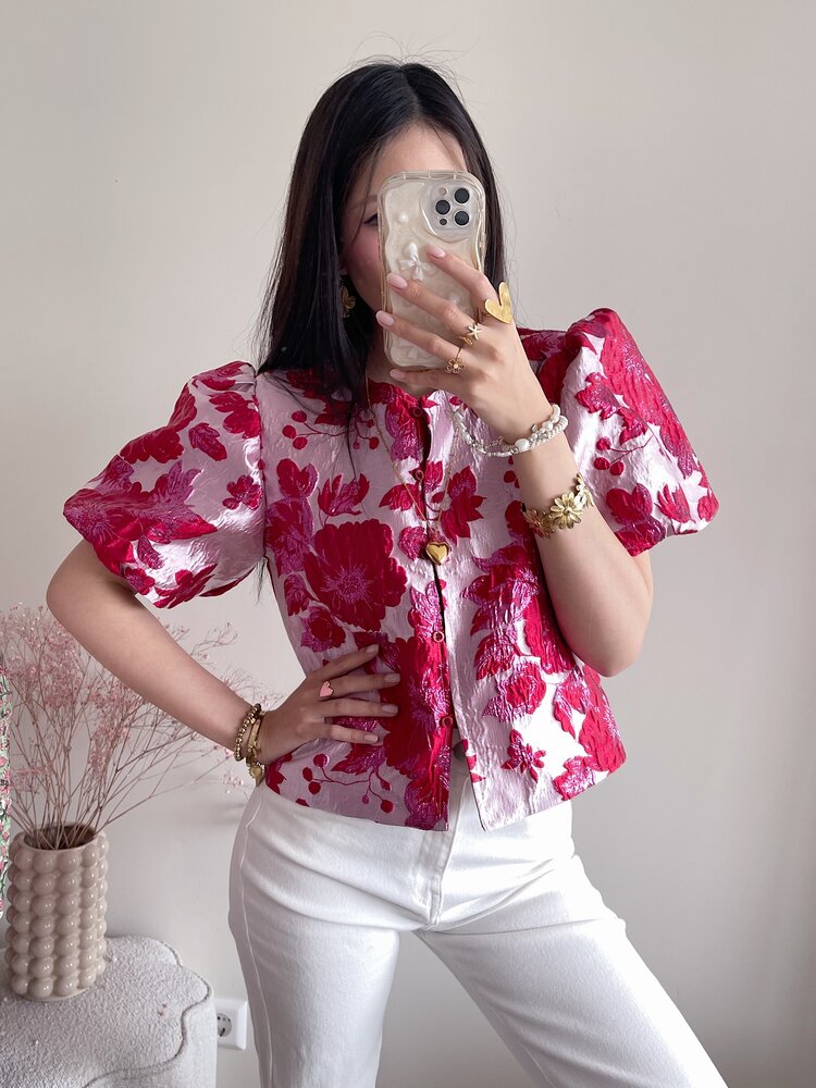 Sumire Jacquard Floral Puff Top / Red & Pink