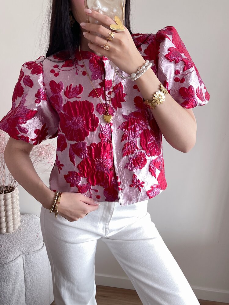 Sumire Jacquard Floral Puff Top / Red & Pink
