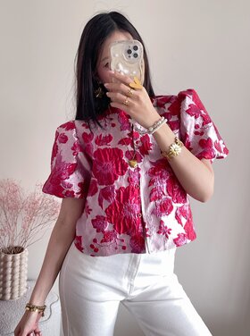 Sumire Jacquard Floral Puff Top / Red & Pink