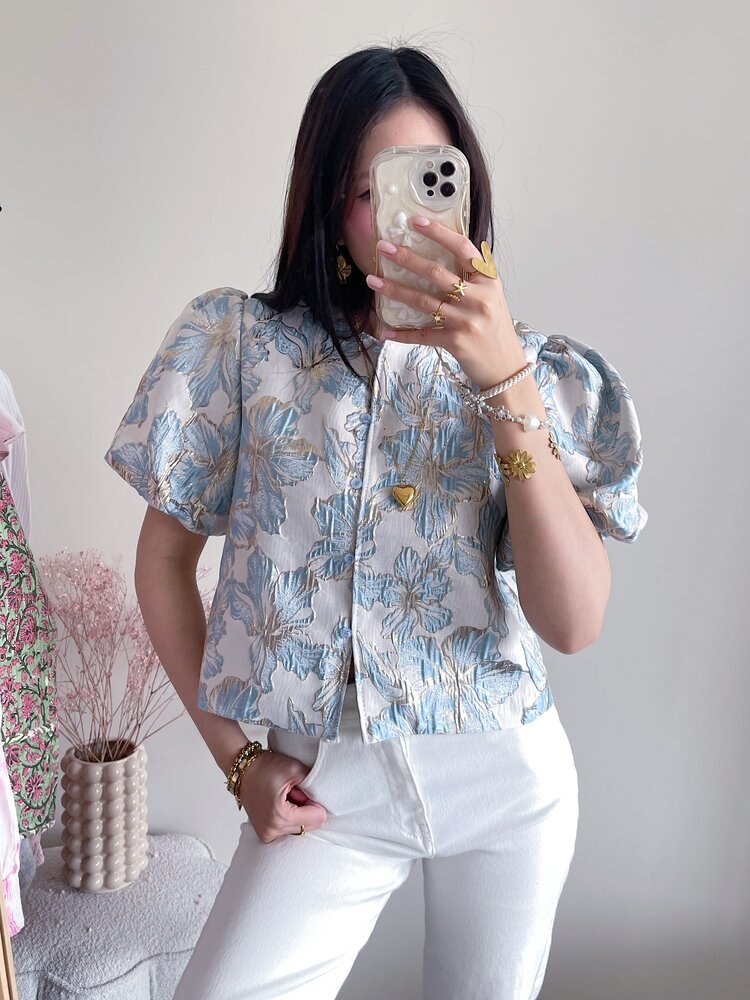 Sumire Jacquard Floral Puff Top / Light Blue