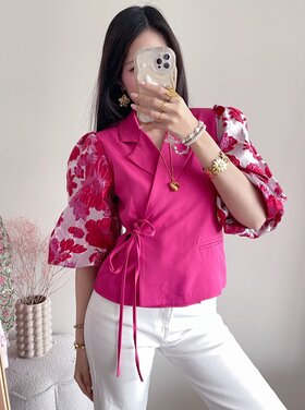 Amaya Jacquard Flower Puff Blazer / Red & Pink