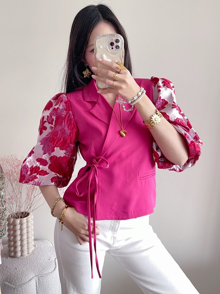Amaya Jacquard Flower Puff Blazer / Red & Pink